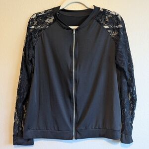 Black Lace Sleeve Light Bomber Jacket